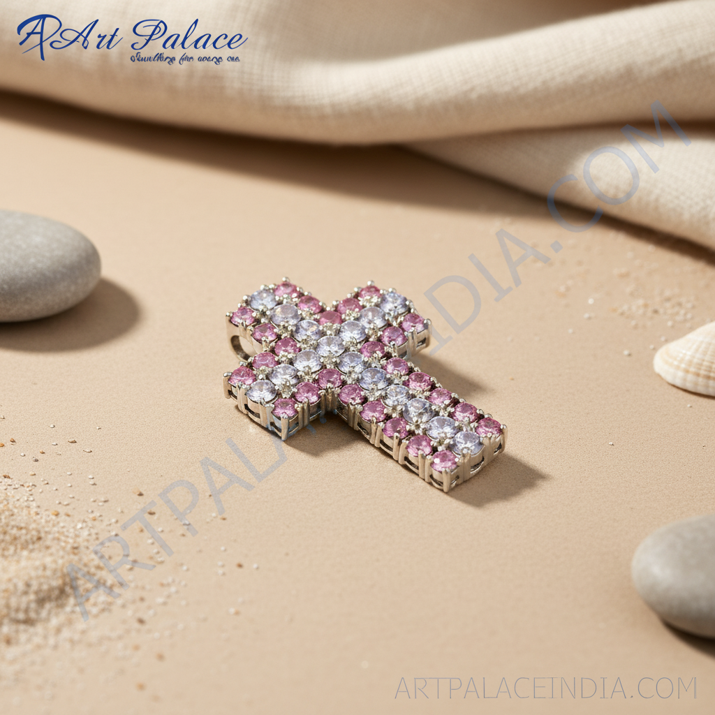 Colgante de cruz de plata con piedras preciosas rosas y blancas | Regalo para ella