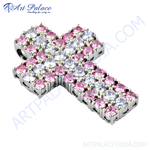 Load image into Gallery viewer, Silver cross pendant with pink and white gemstones, a beautiful and elegant jewelry piece for women.
