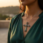 Load image into Gallery viewer, Vintage marcasite cross pendant necklace with green stone inlay and silver detailing, a unique religious jewelry piece.
