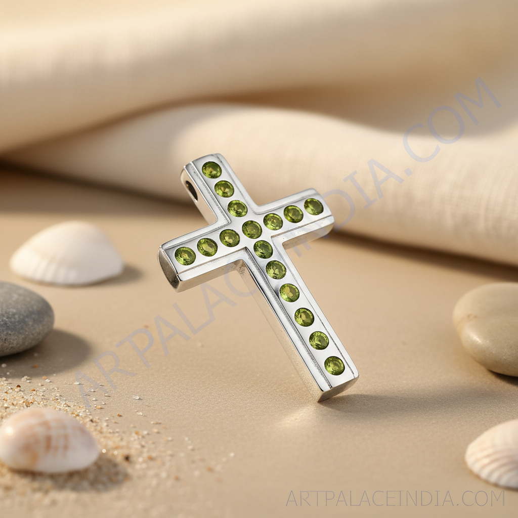 Silver cross pendant with green gemstones | women's jewelry gift