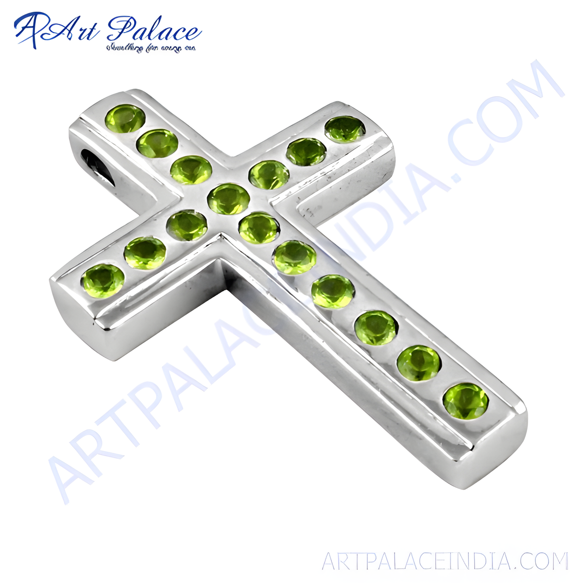 Sterling silver cross pendant with round green gemstones, a beautiful and classic piece