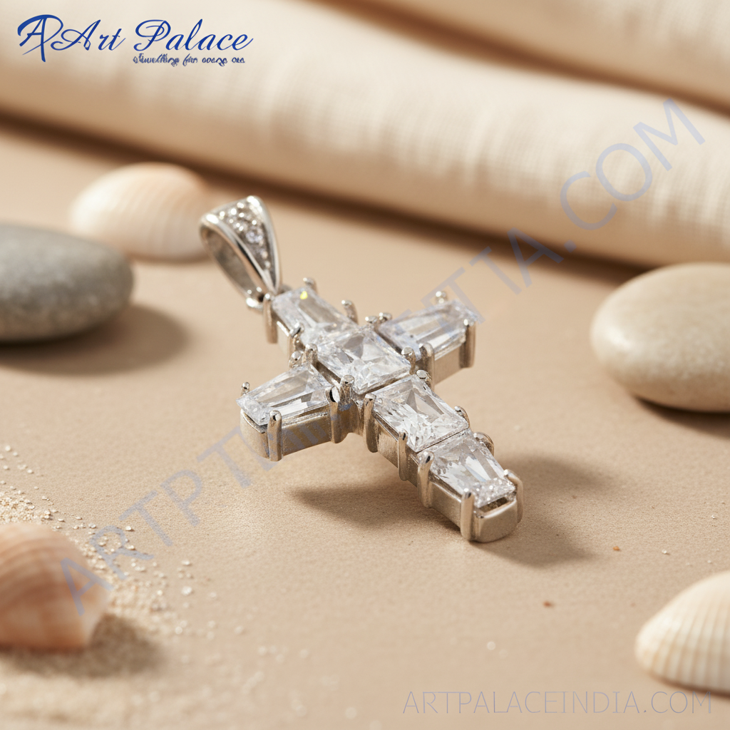 925 silver cross pendant necklace | baguette cut cubic zirconia