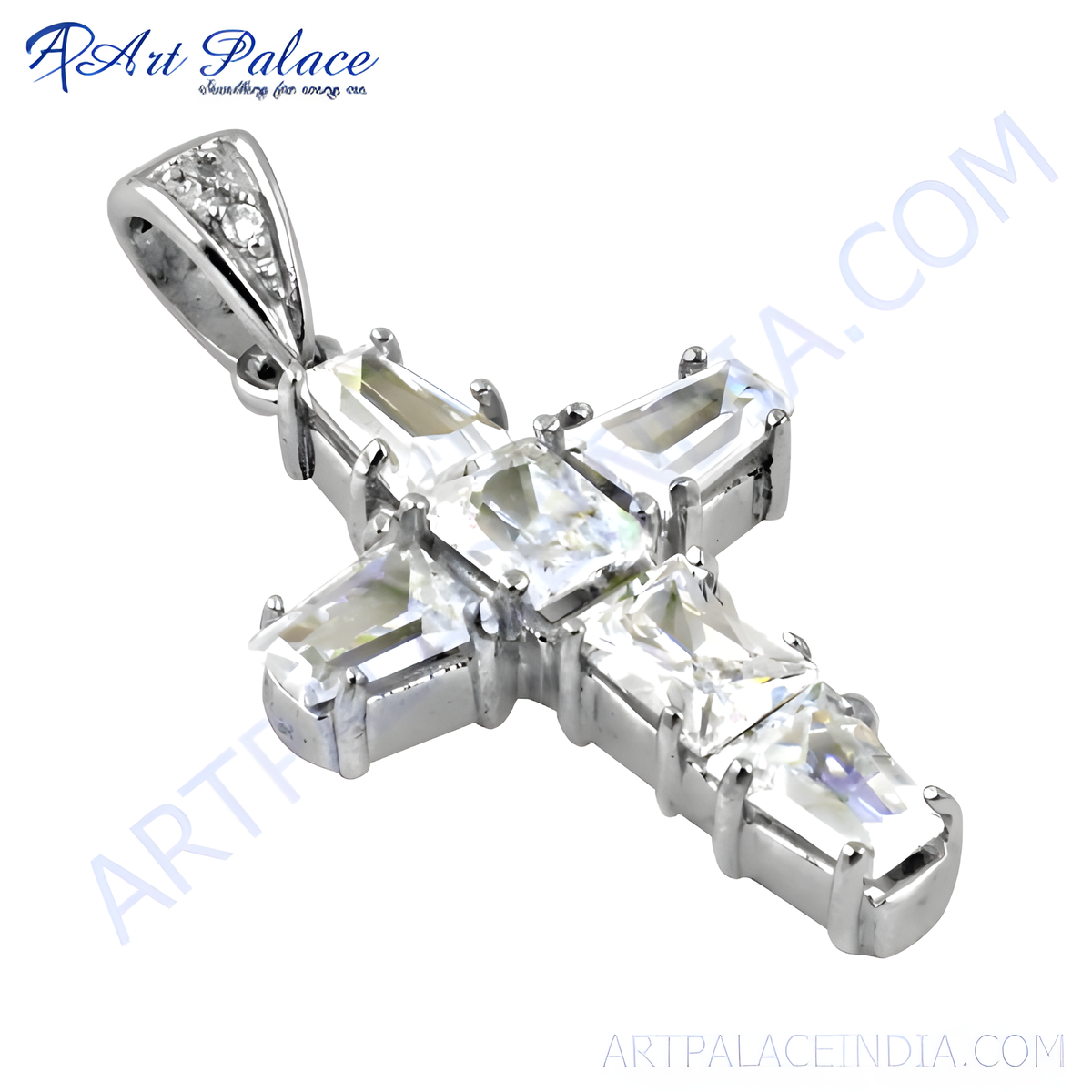 925 sterling silver cross pendant necklace with baguette cut cubic zirconia gemstones