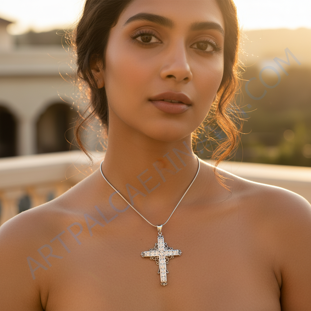 Silver Cross Pendant Necklace with Cubic Zirconia | Women's Gift
