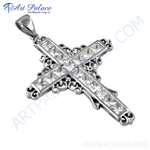 Load image into Gallery viewer, Sterling silver cross pendant necklace with sparkling cubic zirconia stones, perfect for women and religious wear.
