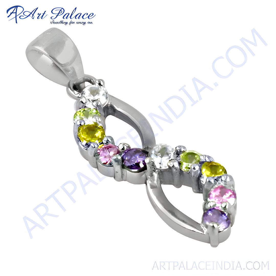 925 sterling silver infinity pendant with multi-colored gemstones, including amethyst, peridot, and white stones.