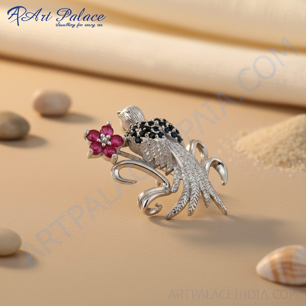 Broche de pájaro de plata con flor de rubí para mujer | joyería de regalo