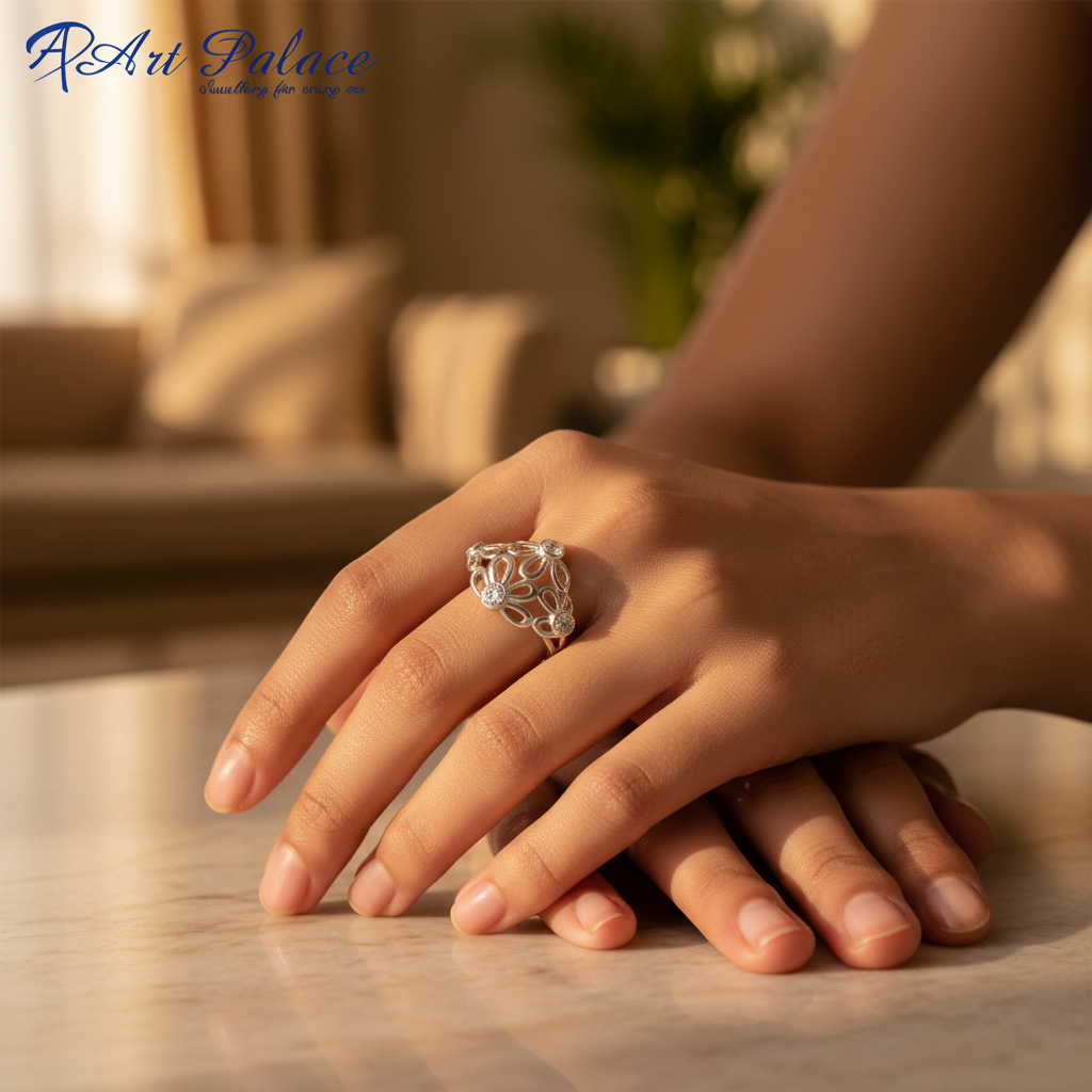 925 silver flower ring with cz stones | women's jewelry