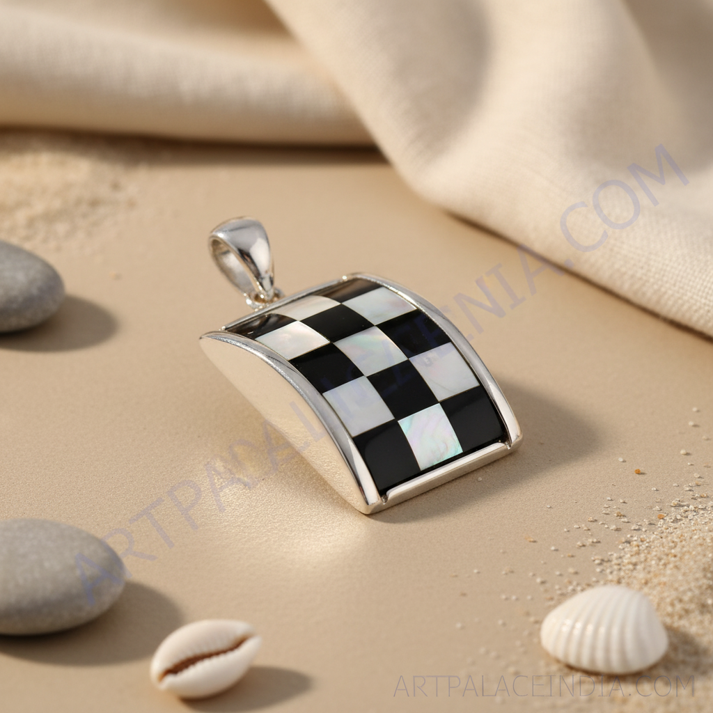 925 silver checkered pendant for women | mother of pearl