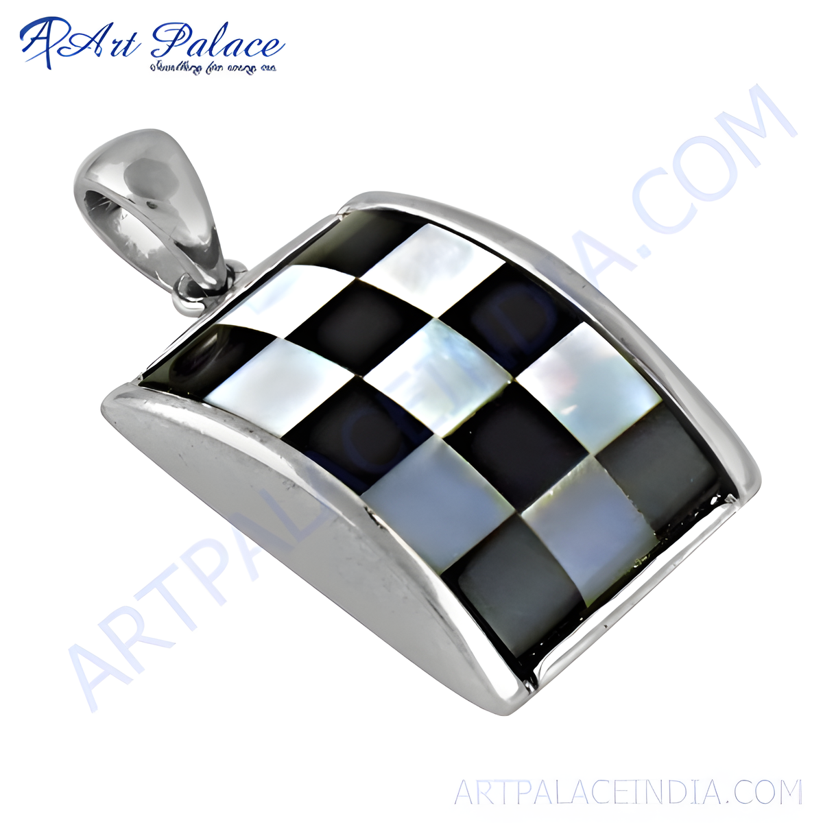 Sterling silver checkered pendant with black and mother of pearl squares, a stylish charm