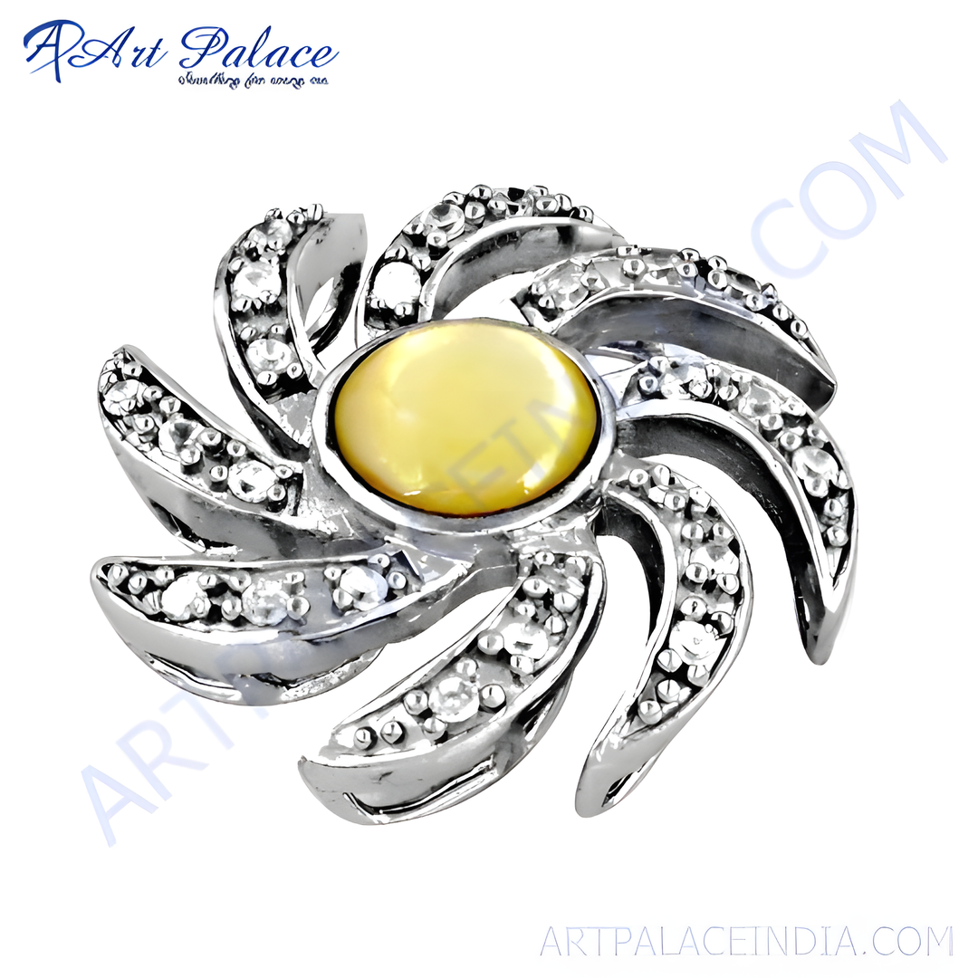 Sterling silver flower ring with yellow gemstone center and sparkling accents, perfect for women