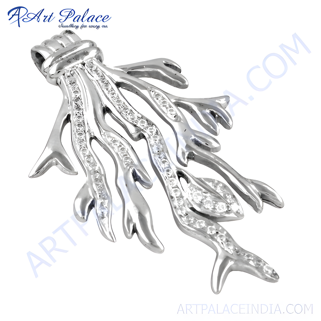 Sterling silver coral branch pendant with sparkling cubic zirconia. Elegant silver necklace for women.