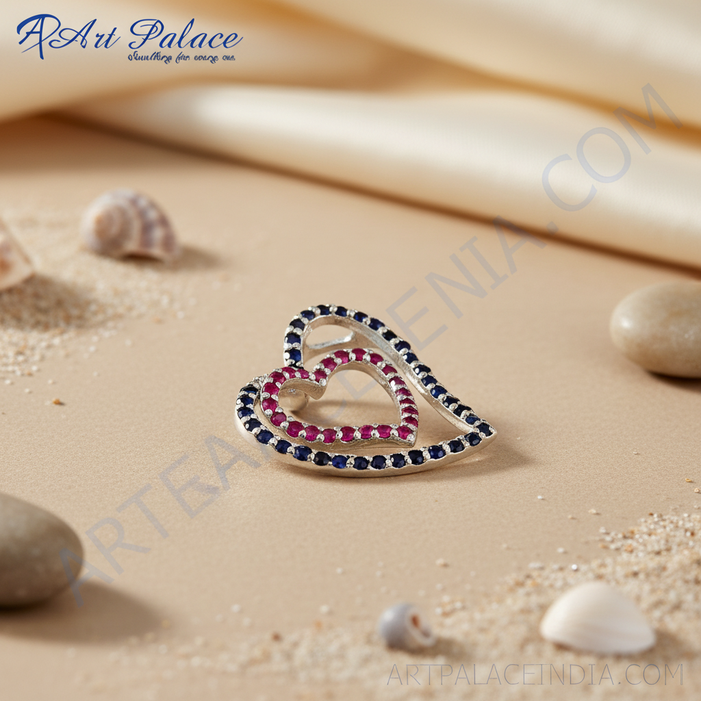 925 Silver Double Heart Pendant with Ruby & Sapphire | Women's Jewelry