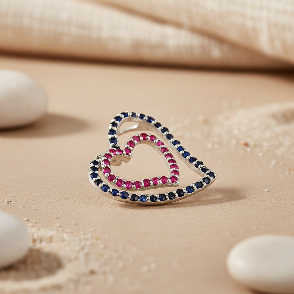 925 Silver Double Heart Pendant with Ruby & Sapphire | Women's Jewelry