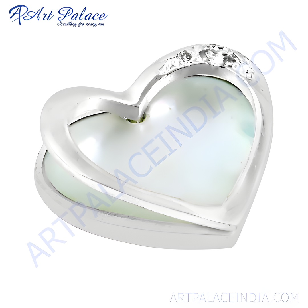 Sterling silver heart pendant necklace with a pearl center and sparkling accents