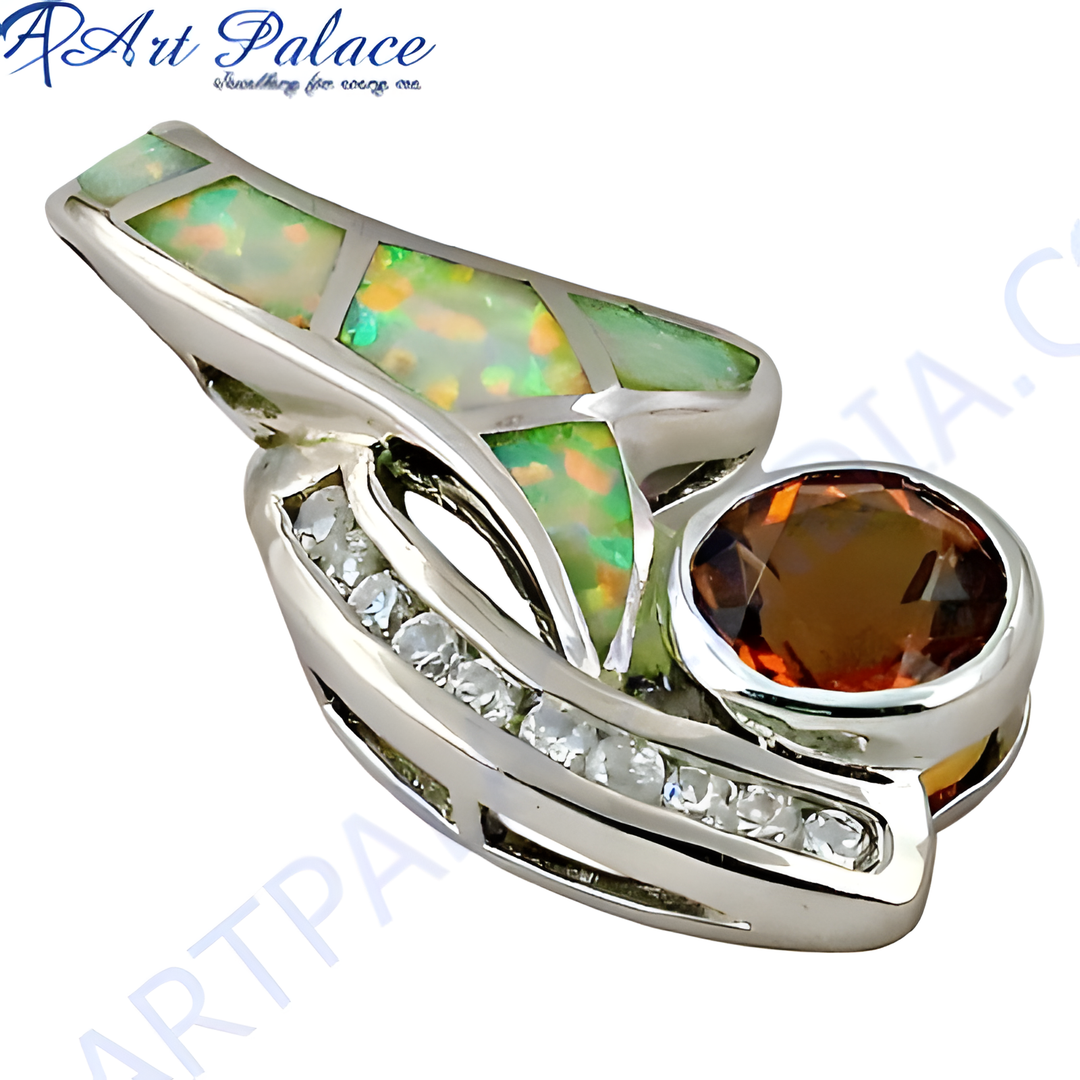 Sterling silver pendant with opal and citrine gemstones, a vibrant and unique design.