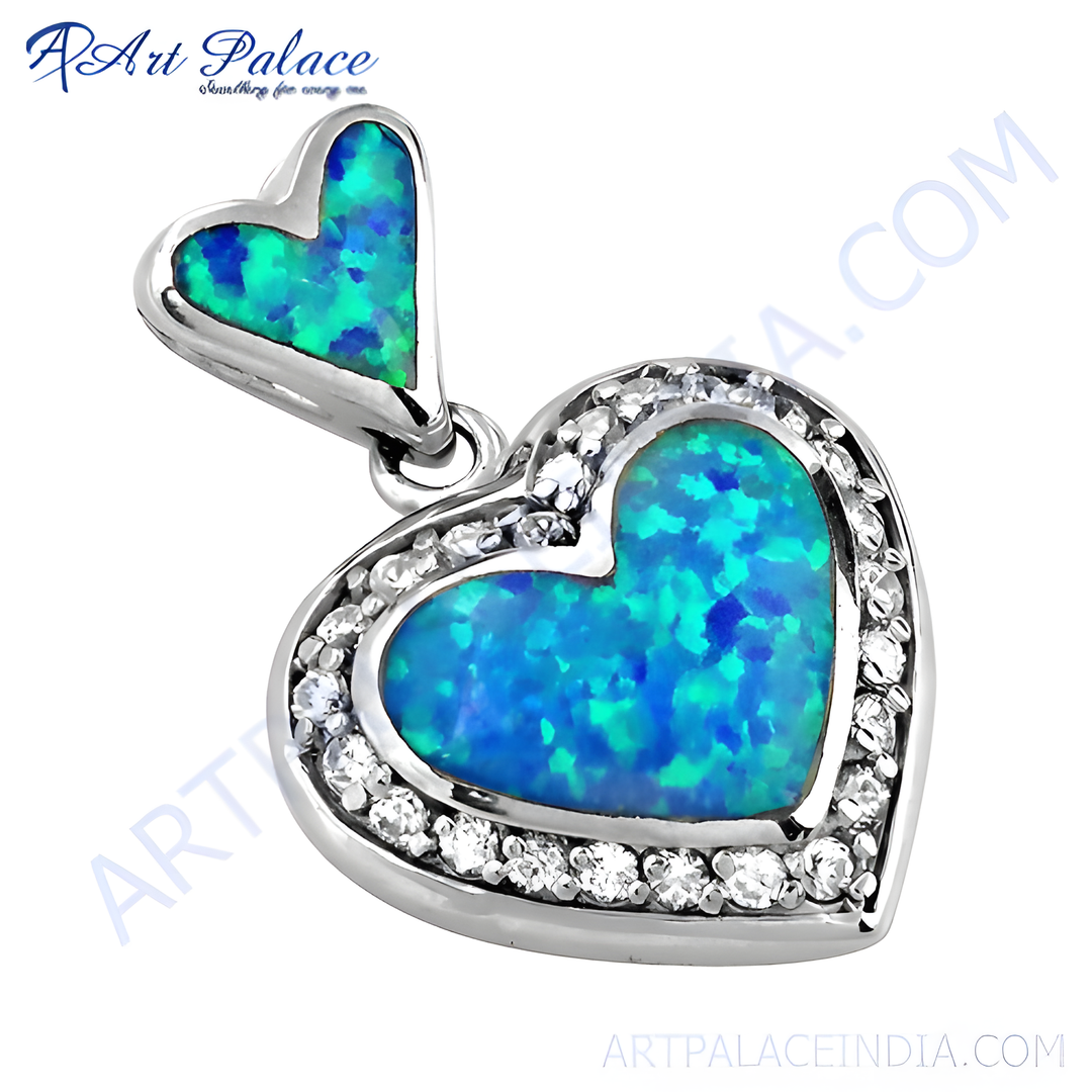 925 sterling silver heart-shaped opal pendant necklace with blue and green gemstone