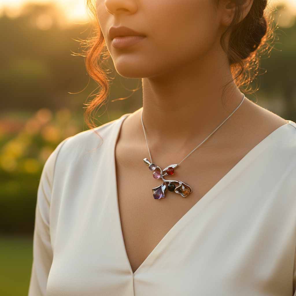 Colgante de rama de plata con piedras preciosas para mujer | Joyería única