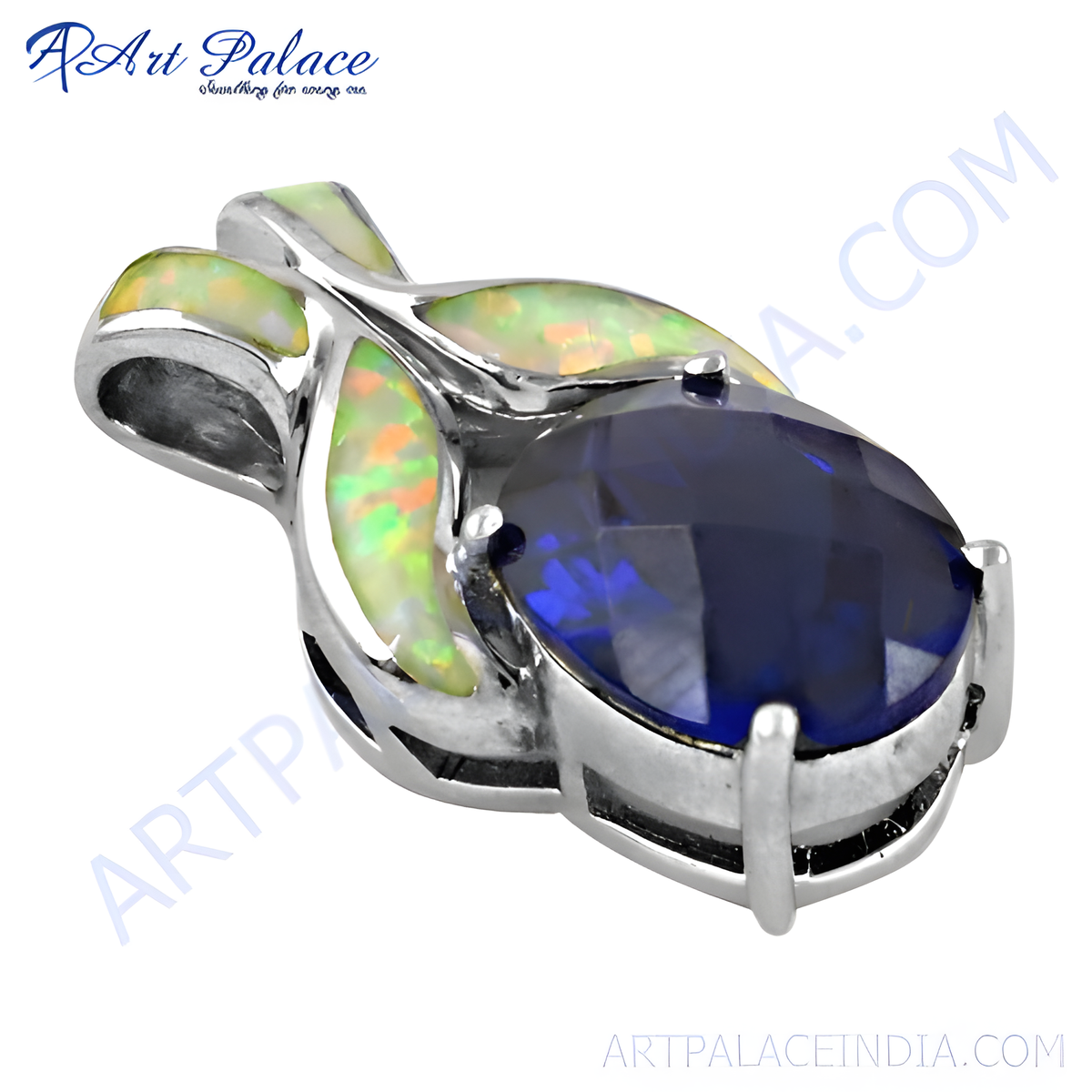 925 sterling silver pendant with a blue sapphire center and opal accents