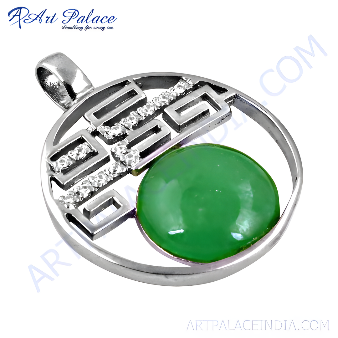 925 sterling silver pendant necklace with a round green gemstone in a silver setting, perfect for women.