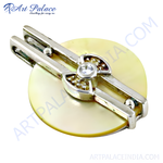 Load image into Gallery viewer, Silver pearl pendant with CZ stones. A circular pearl base with a silver and CZ design.
