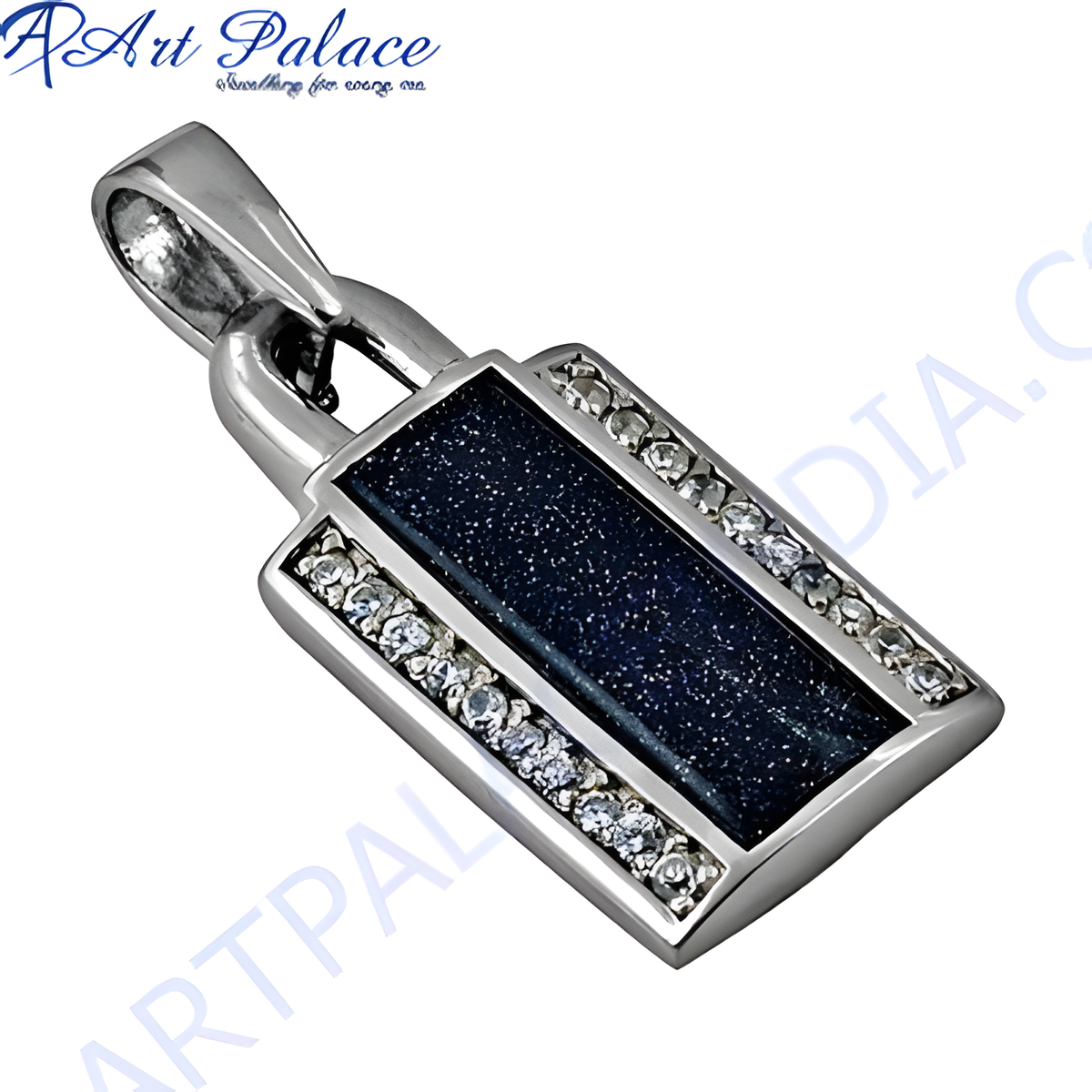 Silver pendant necklace with a blue sandstone center stone and sparkling cubic zirconia accents