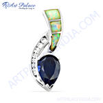 Load image into Gallery viewer, 925 sterling silver sapphire and opal pendant with blue gemstone and opal accents
