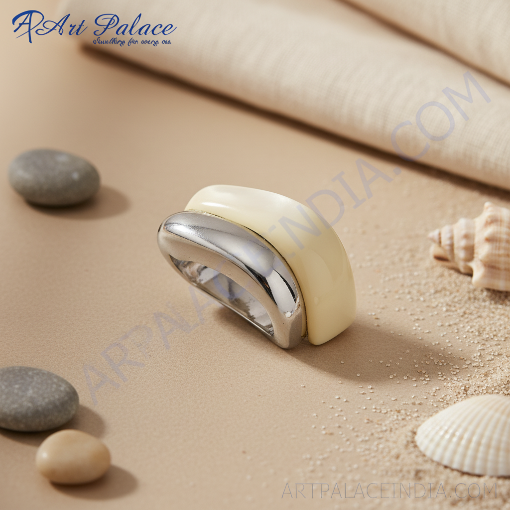 Silver and Beige Curved Ring | Statement Jewelry for Women