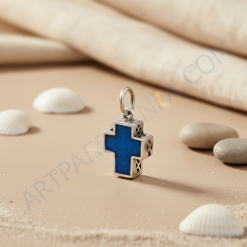 Colgante de cruz de piedra azul en plata 925 para mujer | Joyería religiosa