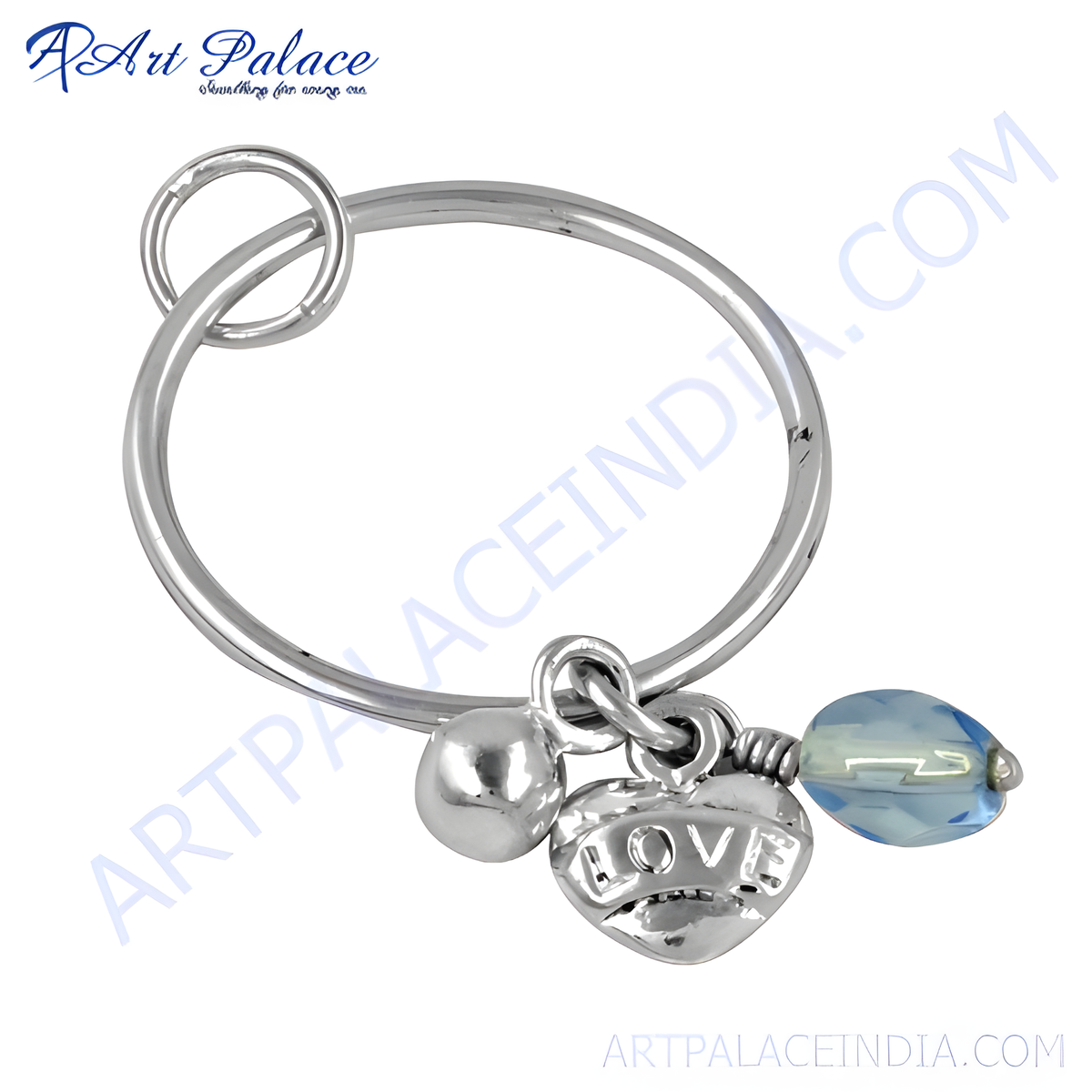 Silver heart charm keychain with love inscription and blue gemstone drop