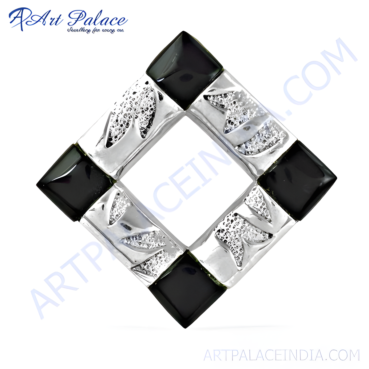 Sterling silver geometric pendant necklace with black onyx accents, a modern design for women