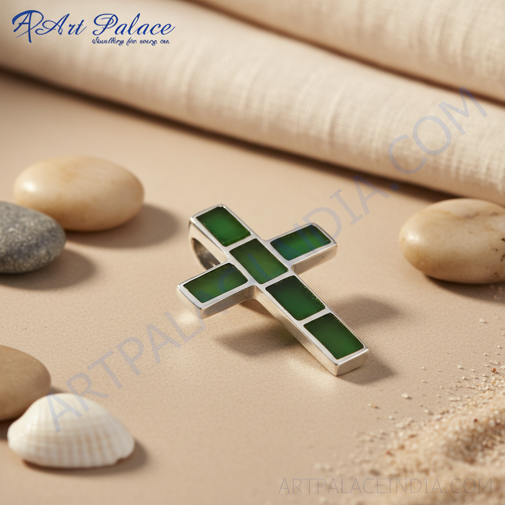 925 Silver Cross Pendant Necklace with Green Gemstone | Gift
