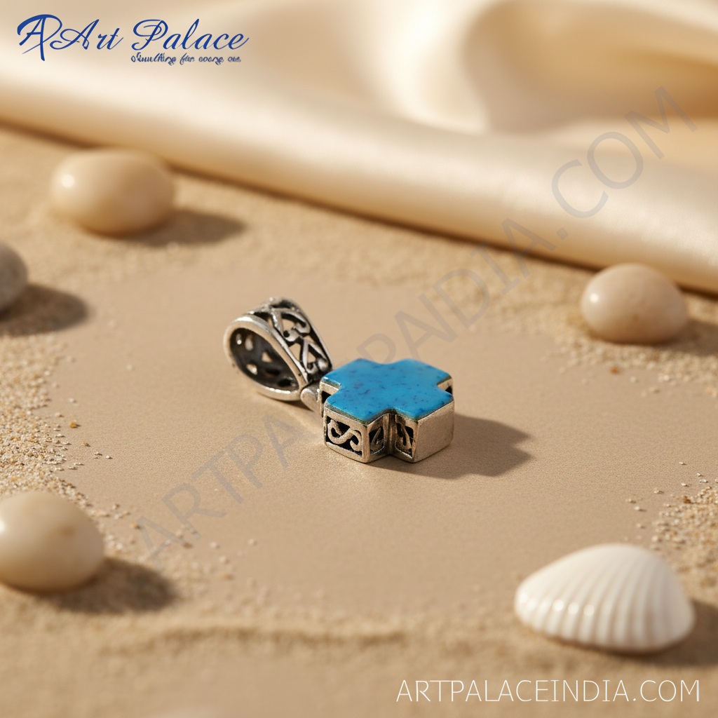 Colgante de cruz de piedra azul en plata 925 para mujer | joyería religiosa