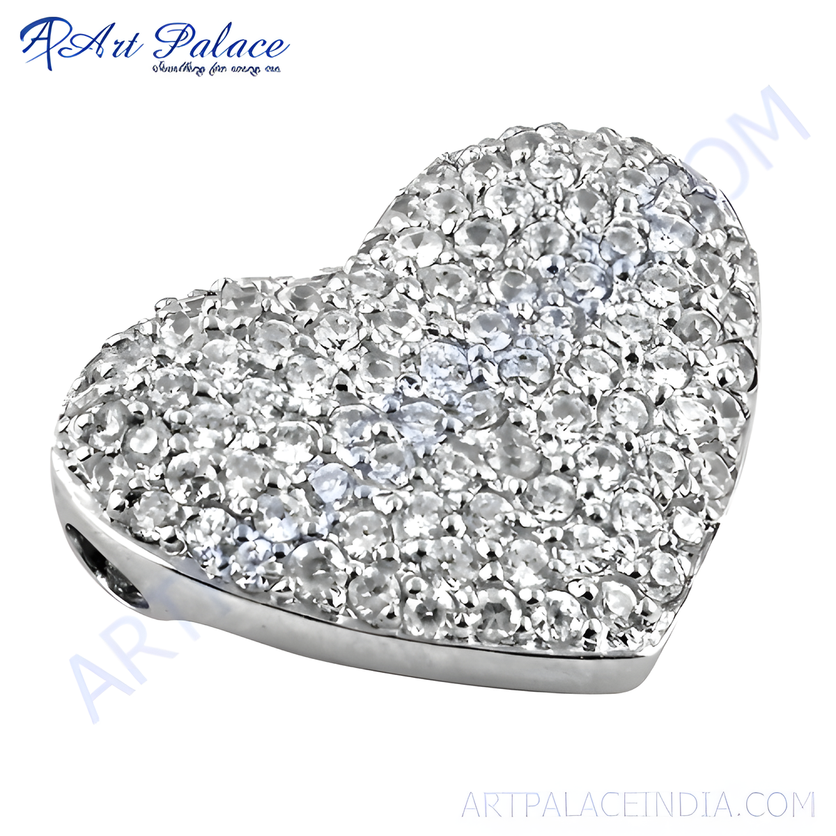 Silver heart shaped pendant covered in sparkling cubic zirconia stones