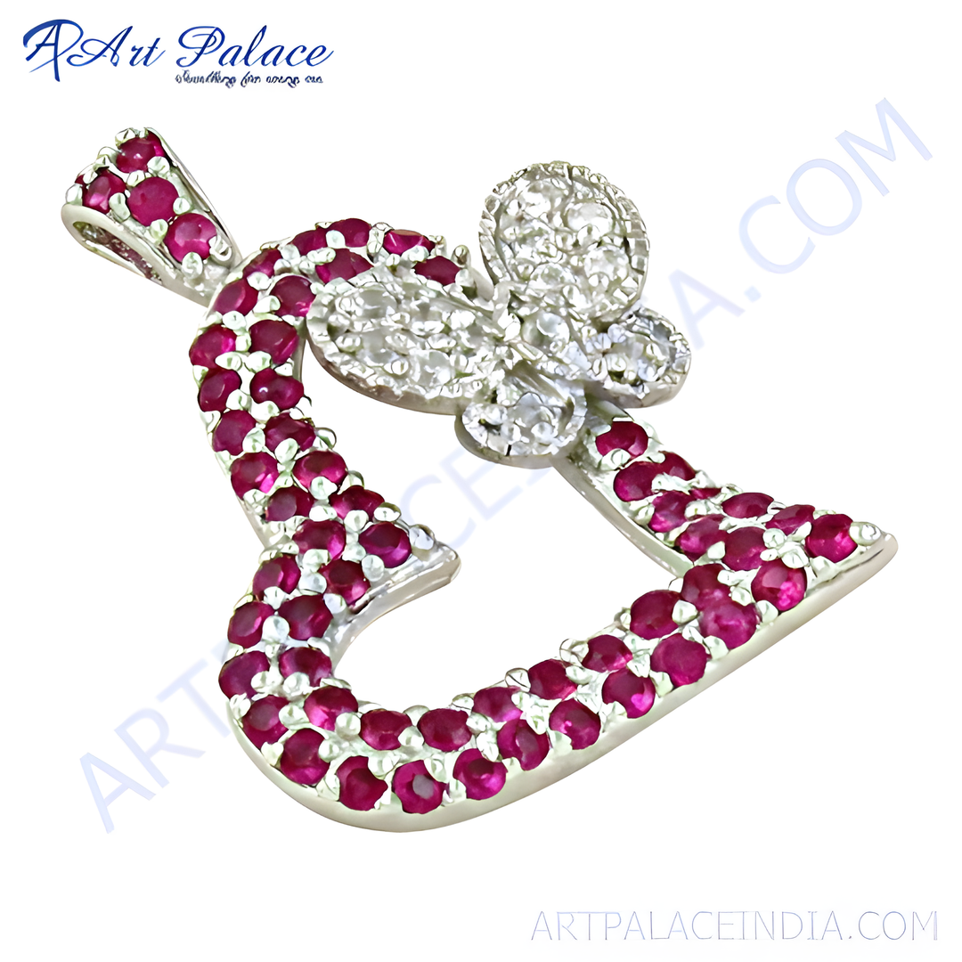 Sterling silver heart pendant necklace with red ruby gemstones and butterfly design.