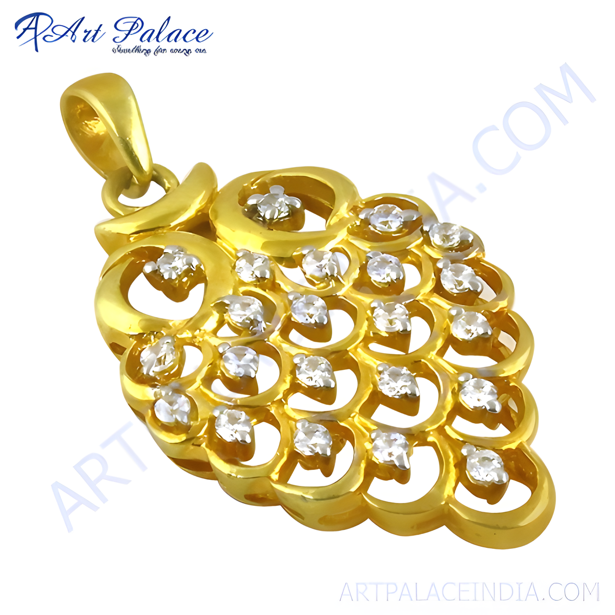 Gold plating pendant featuring a cluster of diamonds in a grape like design on white background