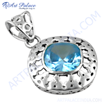 Load image into Gallery viewer, 925 sterling silver blue topaz pendant with a cushion cut gemstone in a filigree design.
