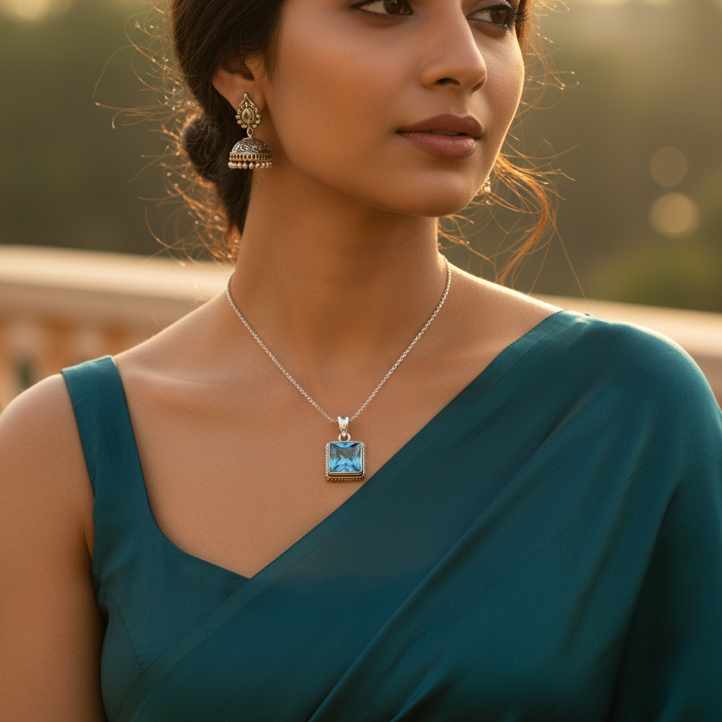 925 Sterling Silver Blue Topaz Pendant for Women | Gemstone Jewelry