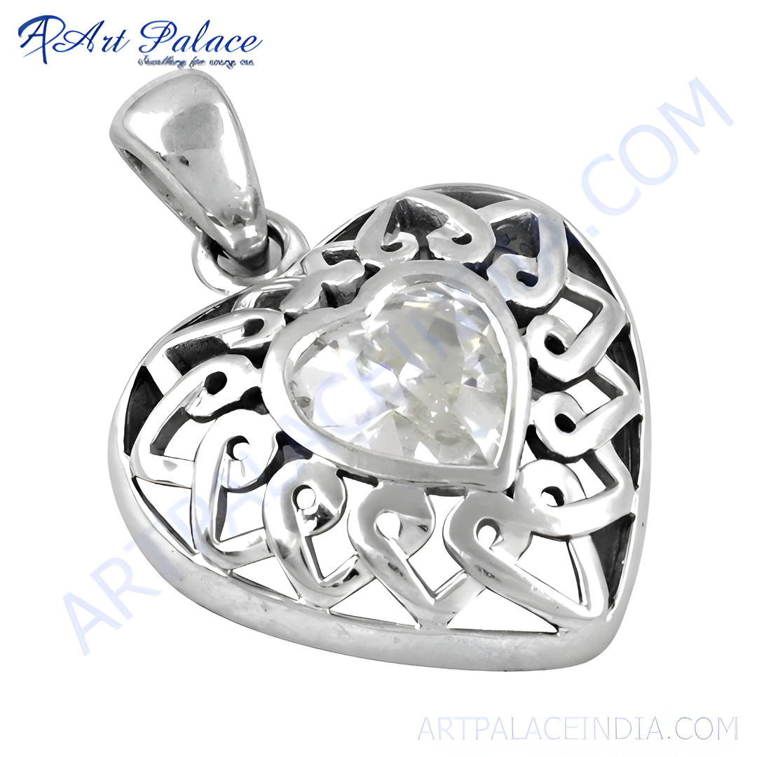 925 sterling silver heart pendant with sparkling cubic zirconia center stone, women's fashion jewelry.