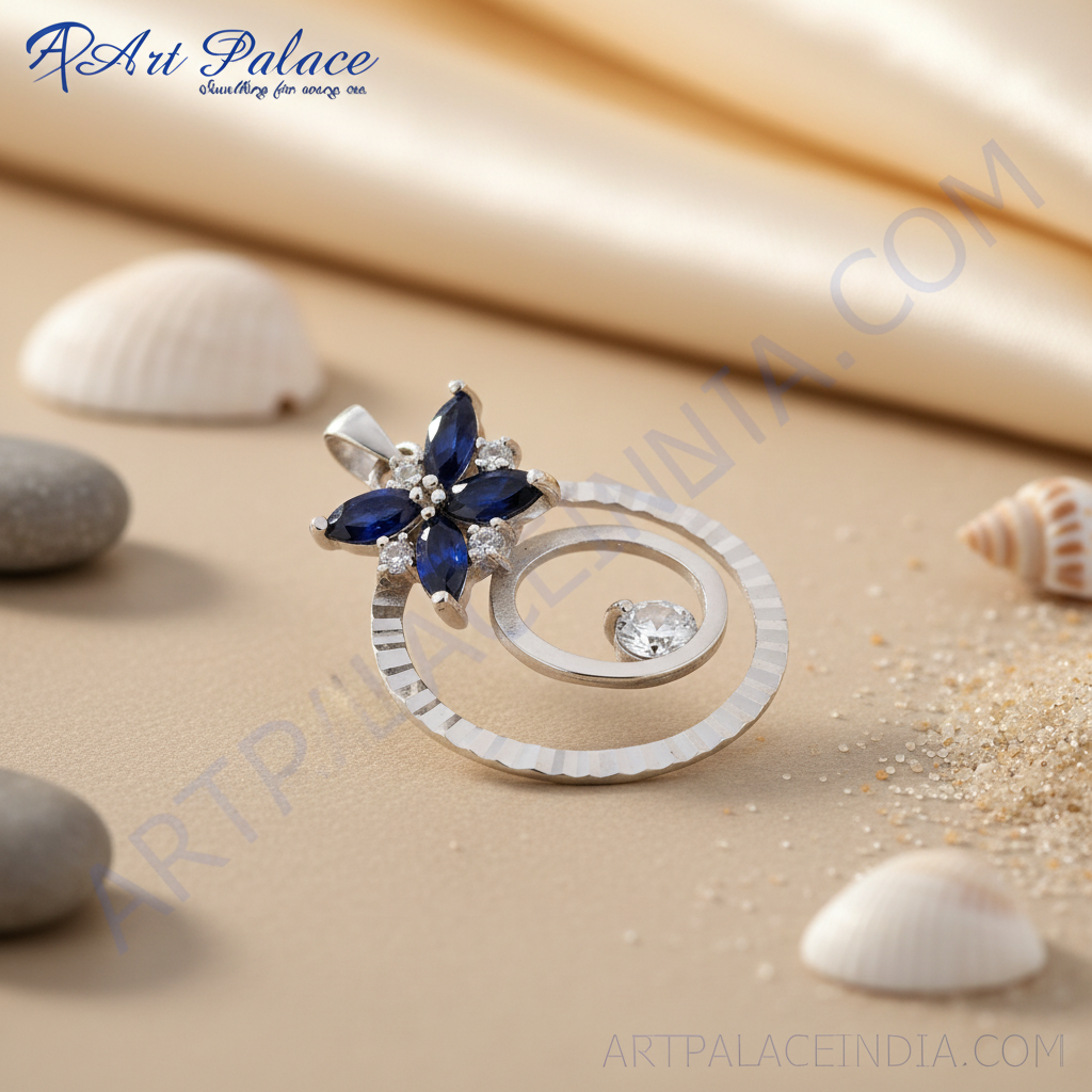 925 Silver Blue Sapphire Flower Pendant for Women | Gift