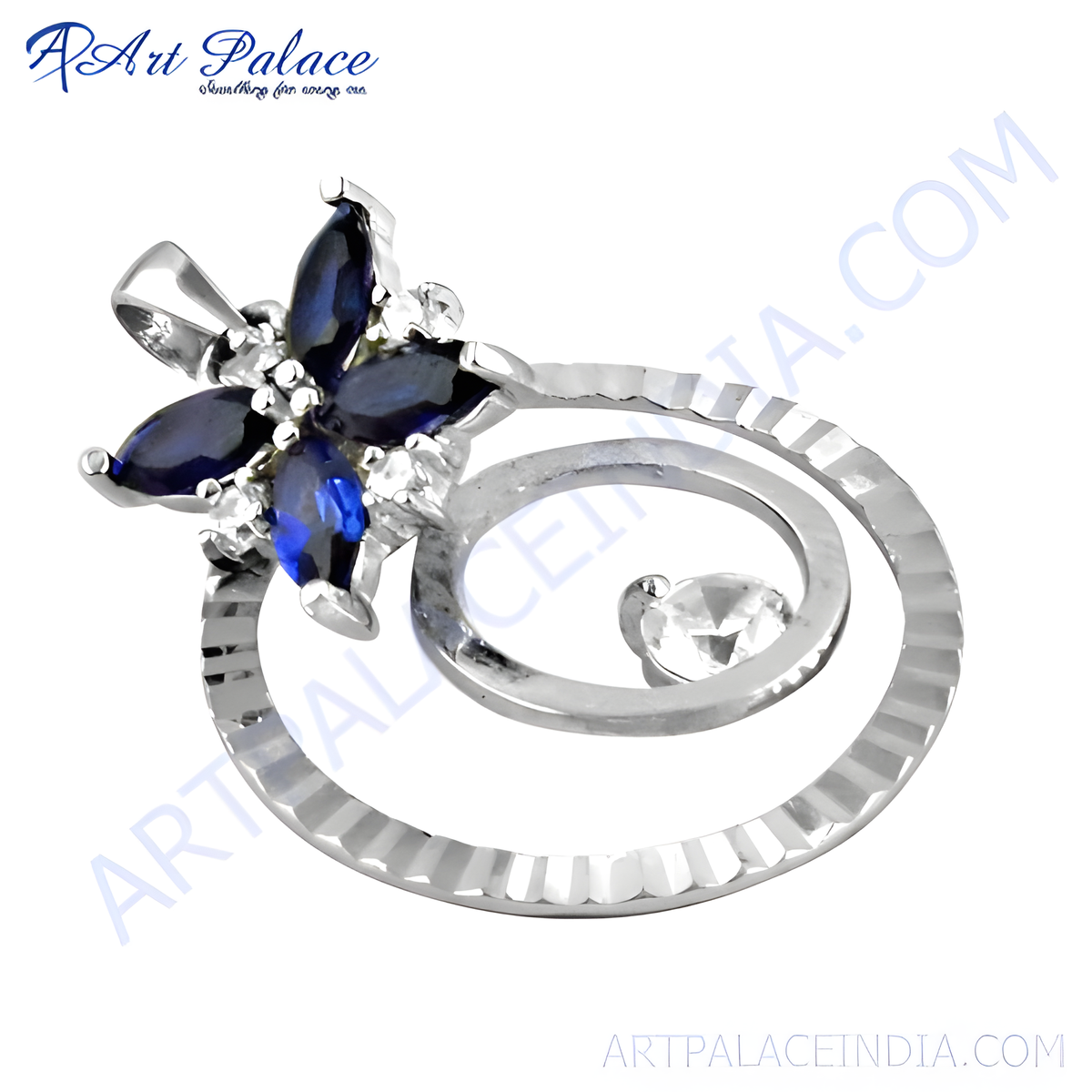 925 sterling silver flower pendant with blue sapphire and white gemstones, perfect gift