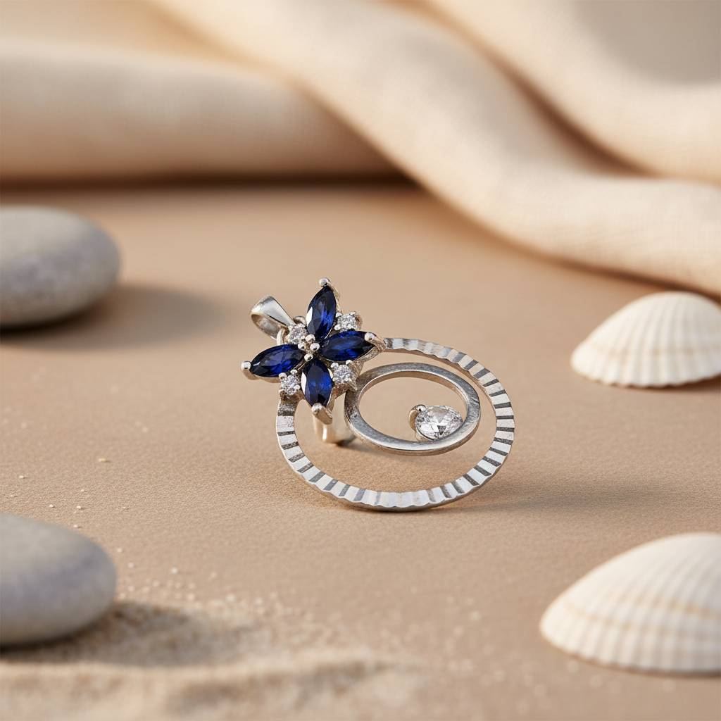 925 Silver Blue Sapphire Flower Pendant for Women | Gift