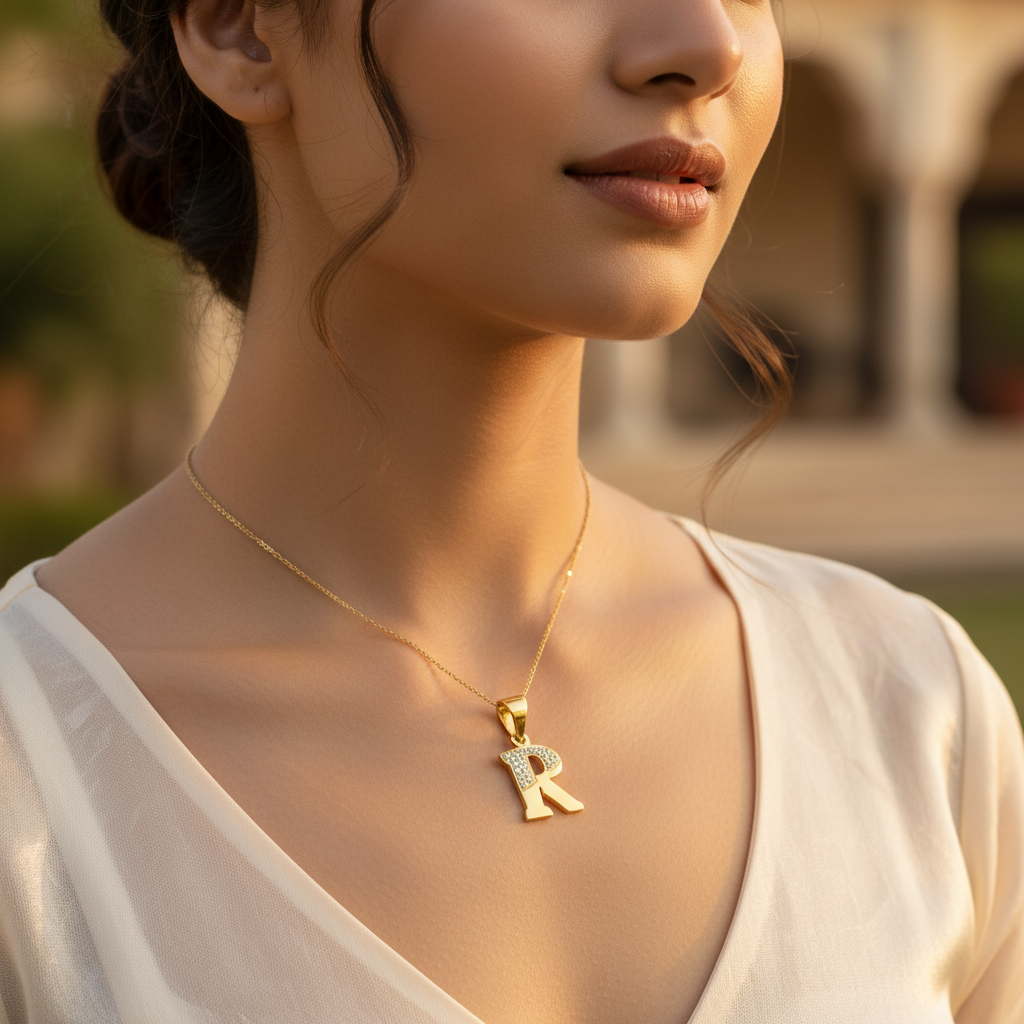 Colgante con la letra r de circonita cúbica bañada en oro | regalo para ella