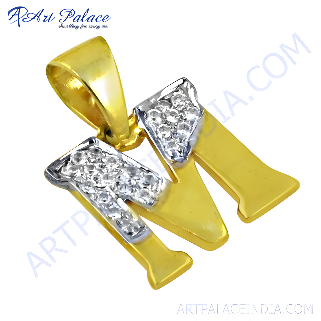 gold plating pendant featuring the letter M with diamond accents, a stylish and personalized piece of jewelry.