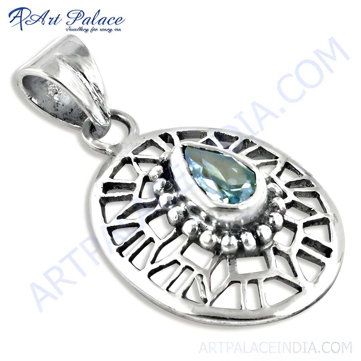 Sterling silver pendant with a pear shaped blue topaz gemstone in a detailed openwork design