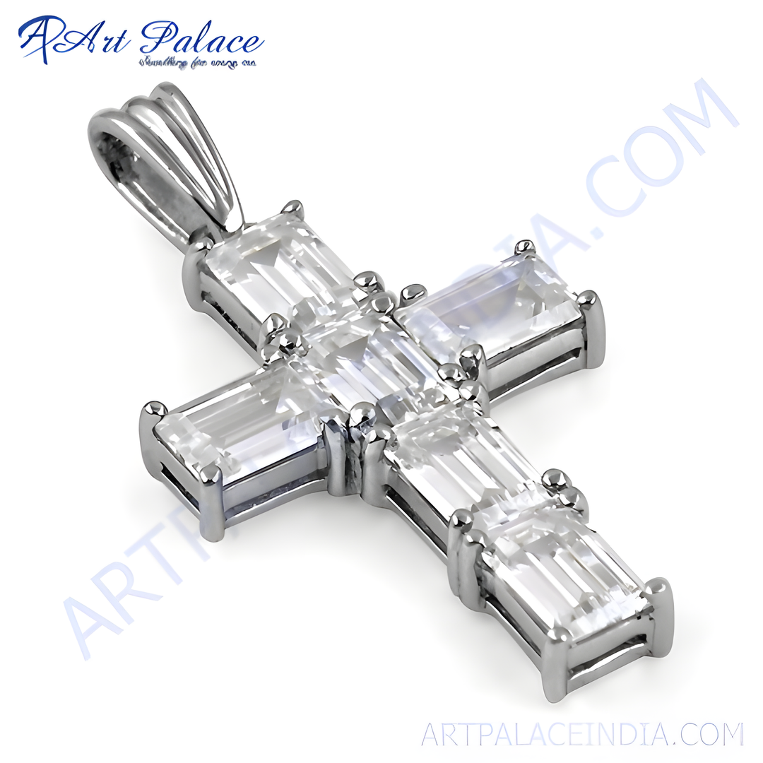 Silver cross pendant with sparkling white cubic zirconia stones, perfect for elegant daily wear.