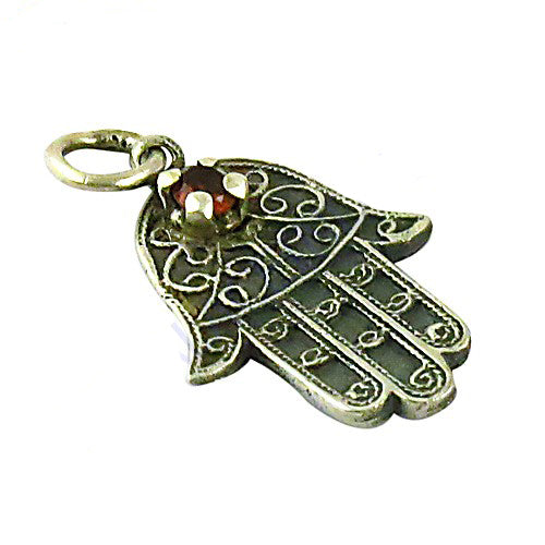 925 Silver Hamsa Hand Pendant with Garnet | Protection Jewelry