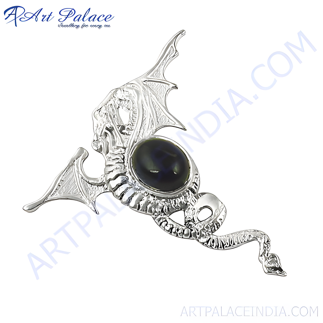 Sterling silver dragon pendant necklace with a large oval gemstone. Detailed metalwork and fantasy design.