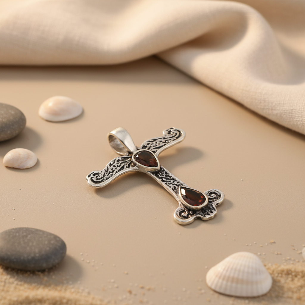 925 Silver Garnet Cross Pendant for Women | Religious Jewelry