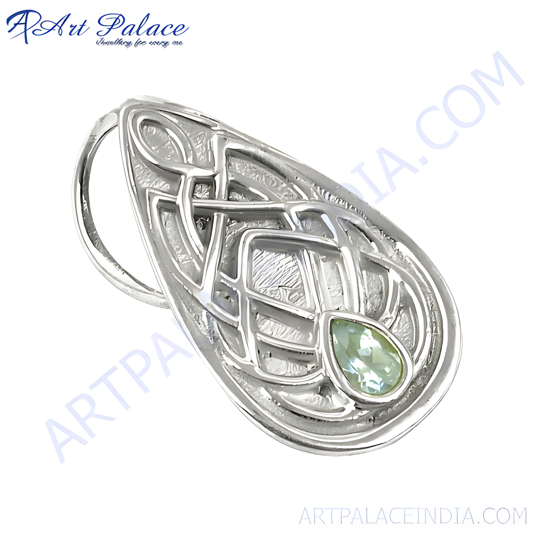 925 sterling silver Celtic knot pendant with a pear-shaped green gemstone for women